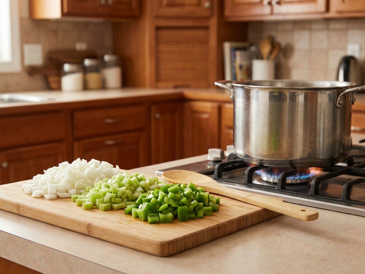 Diced onion, celery, and green bell pepper on a cutting board beside a pot on the stove, consistent home kitchen lighting