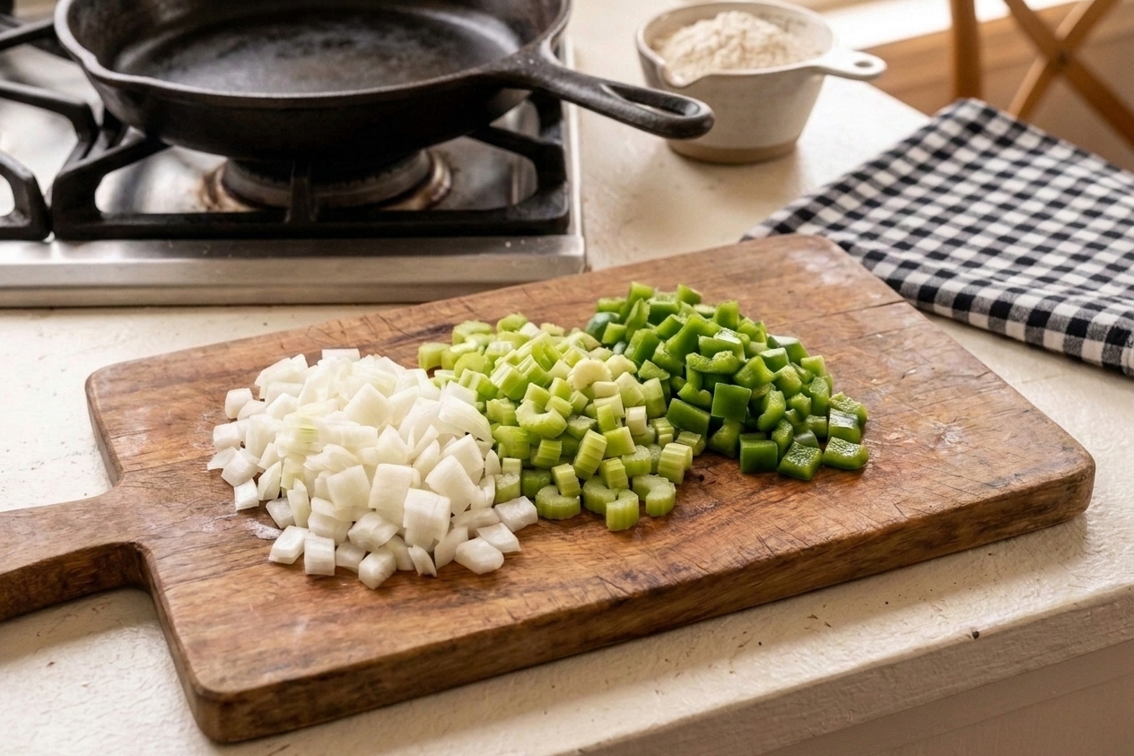 Diced onion, celery, and green bell pepper prepped in small piles on a cutting board on a kitchen counter
