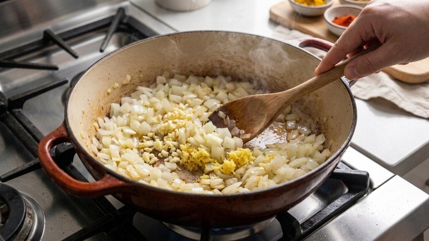 Diced onion cooking in a pot with minced garlic and grated ginger being stirred with a wooden spoon on a stovetop