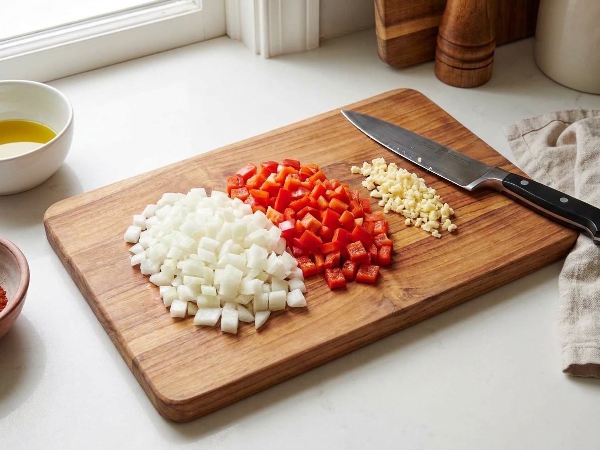 Diced onion, diced bell pepper, and minced garlic arranged on a cutting board in a bright home kitchen