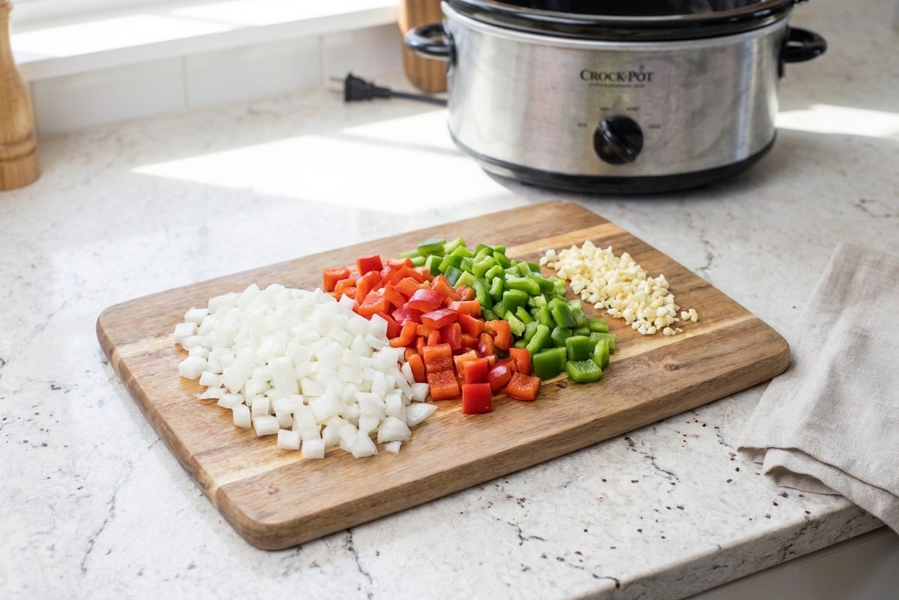 Diced onion, diced bell peppers, and minced garlic arranged on a cutting board on a bright kitchen counter