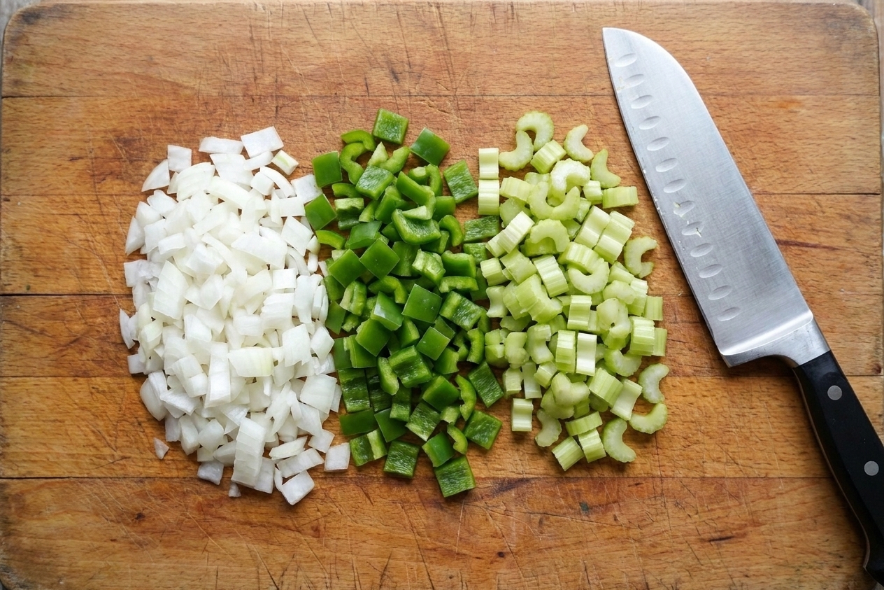 Diced onion, green bell pepper, and celery arranged in small piles on a wooden cutting board with a chef's knife beside them