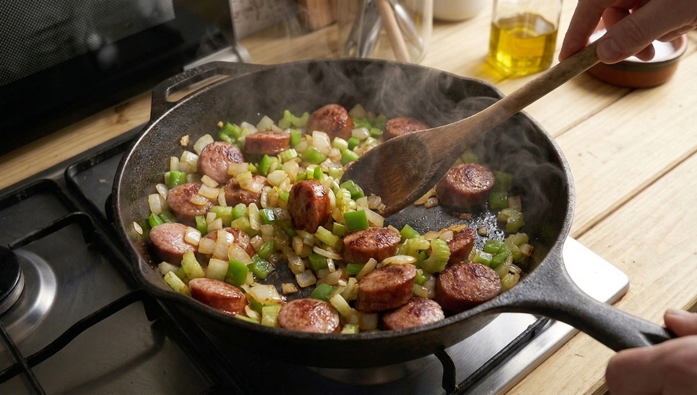 Diced onion, green bell pepper, and celery cooking in a skillet with browned sausage, steam rising as a wooden spoon stirs