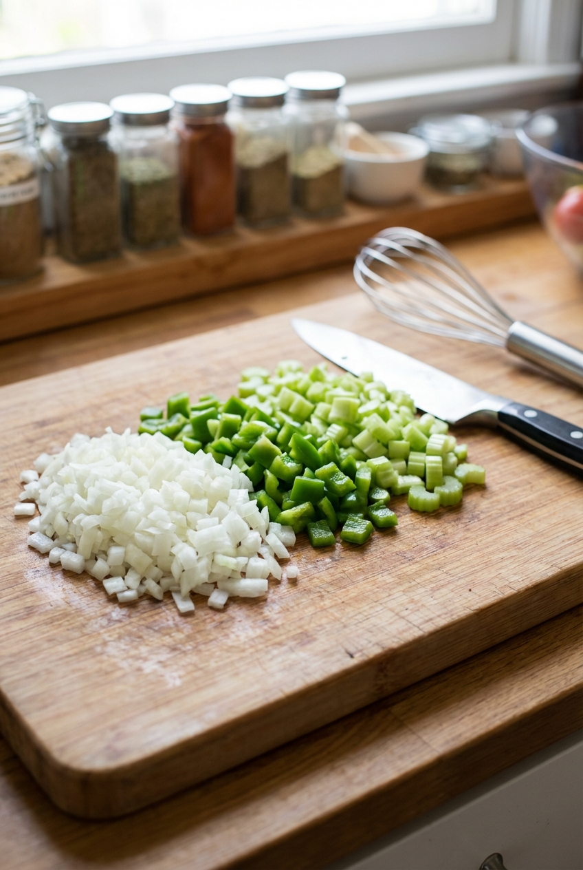 Diced onion, green bell pepper, and celery on a cutting board