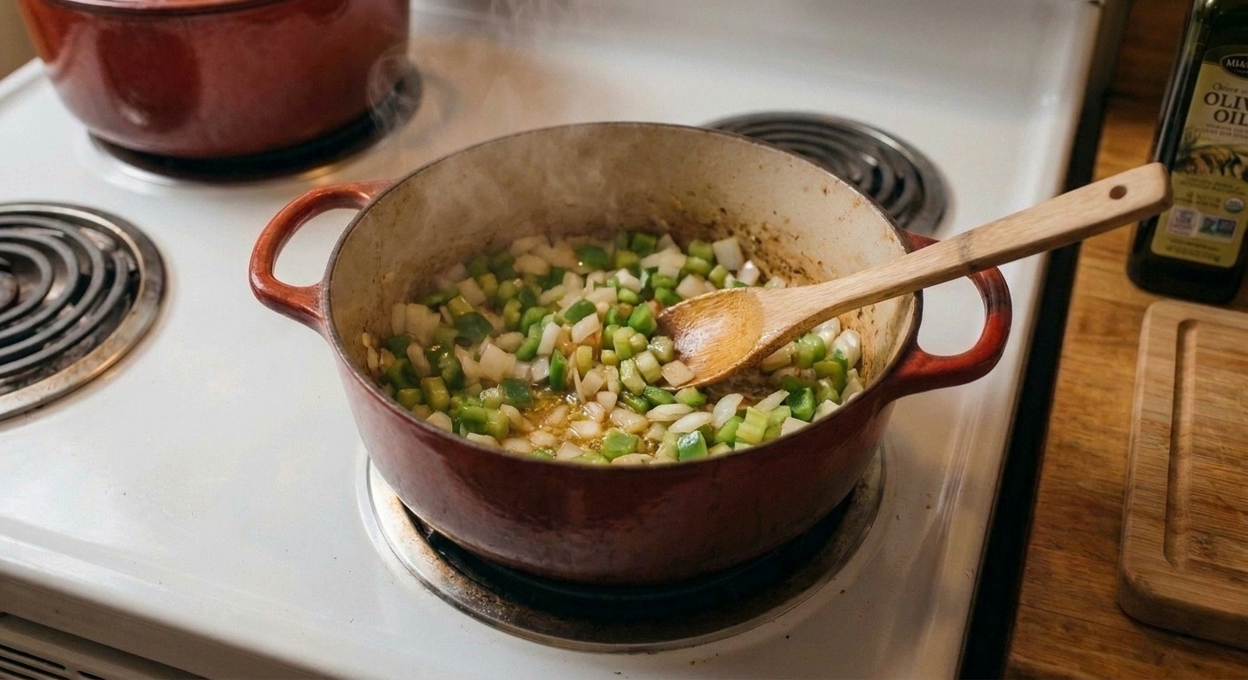 Diced onion, green bell pepper, and celery sautéing in a Dutch oven with a wooden spoon
