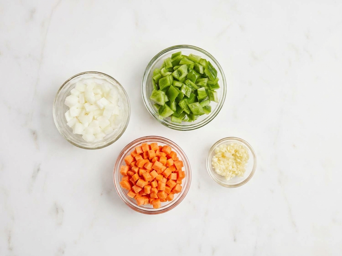 Diced onion, green bell pepper, carrots, and minced garlic prepped for the recipe