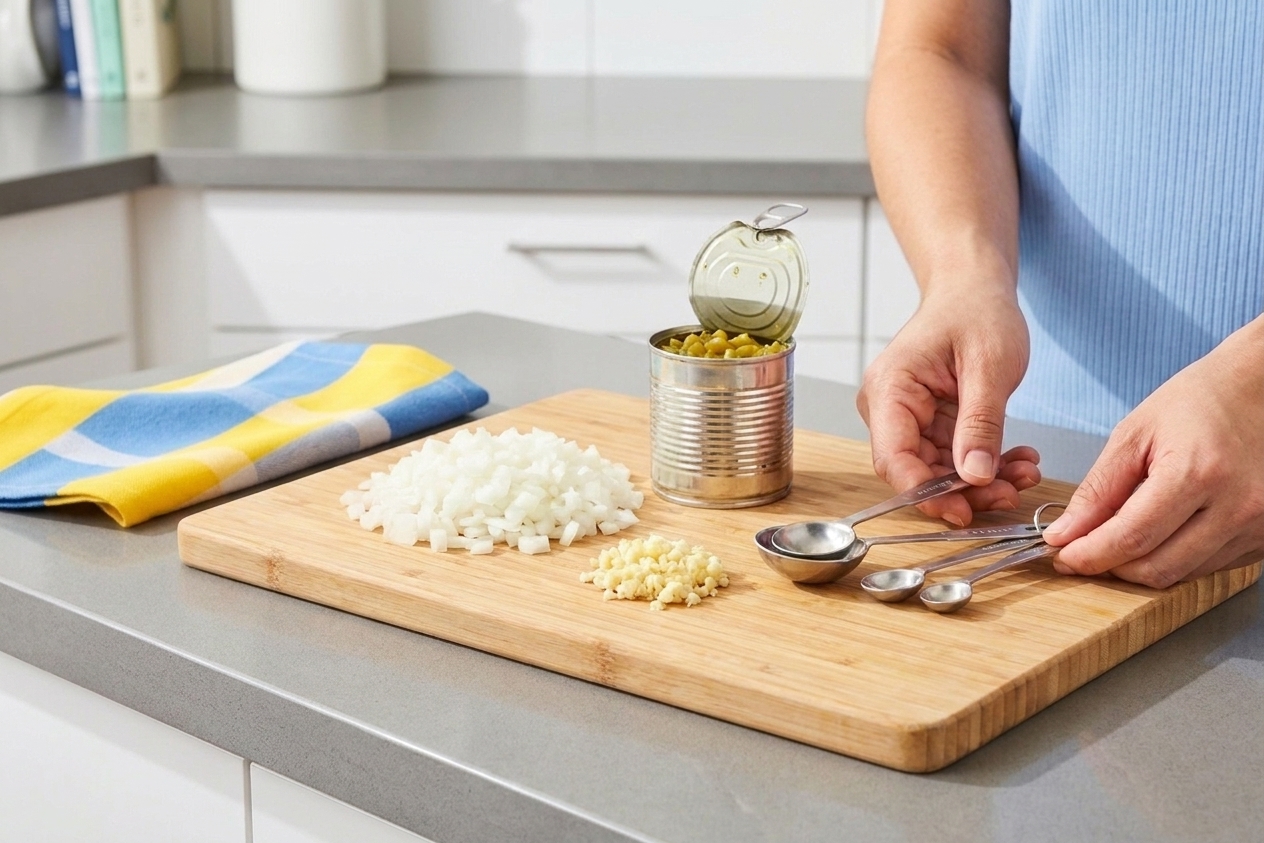 Diced onion, minced garlic, and an opened can of diced green chiles on a cutting board next to measuring spoons.
