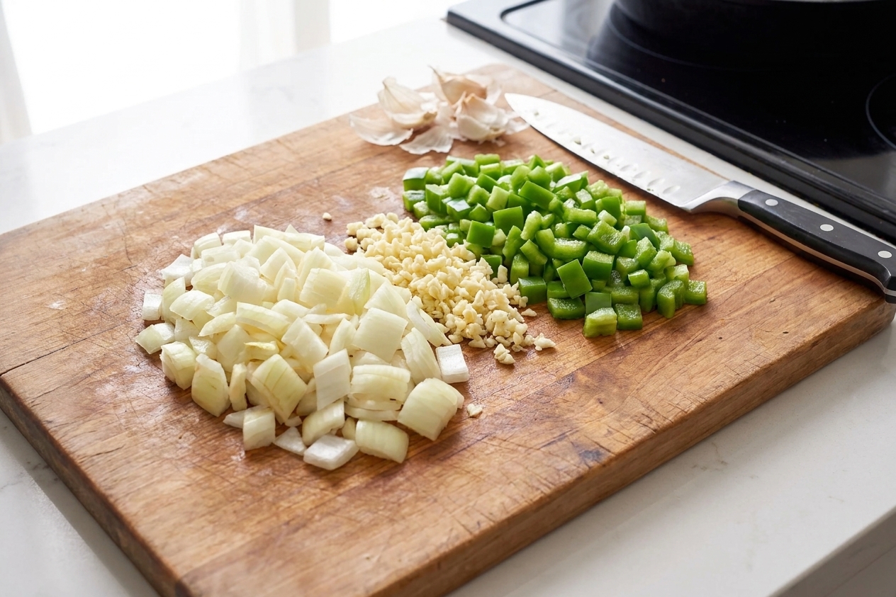 Diced onion, minced garlic, and diced bell pepper piled on a cutting board on a bright kitchen counter