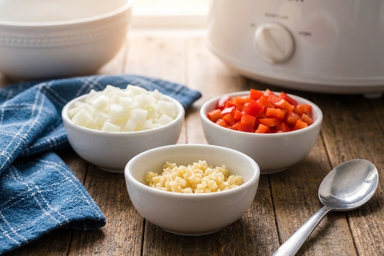 Diced onion, minced garlic, and diced bell pepper prepped in small bowls on a kitchen counter