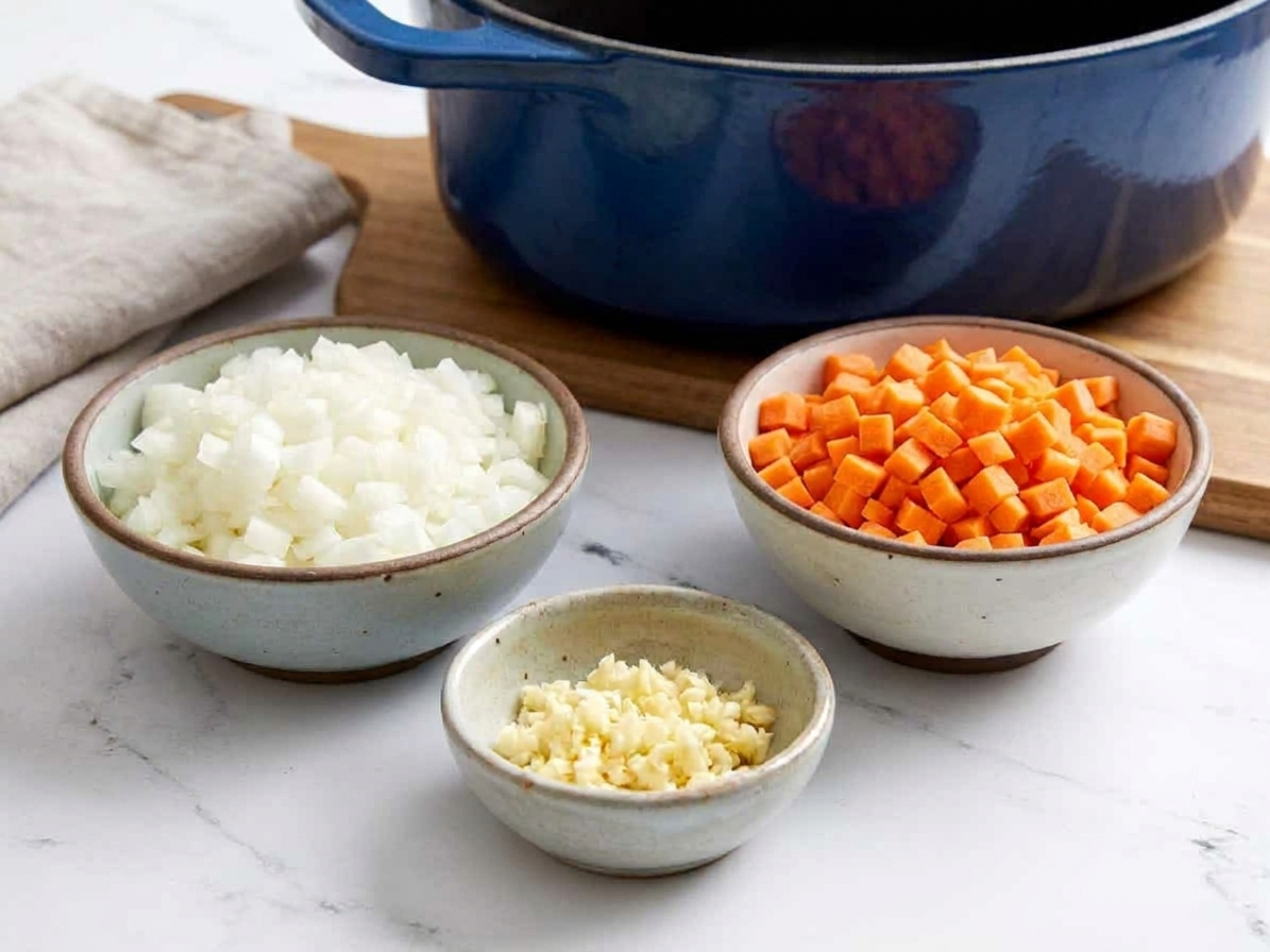 Diced onion, minced garlic, and diced carrots prepped in small bowls on a kitchen counter