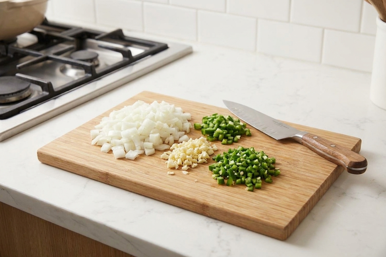 Diced onion, minced garlic, and finely chopped jalapeño on a cutting board with a chef's knife in a bright home kitchen