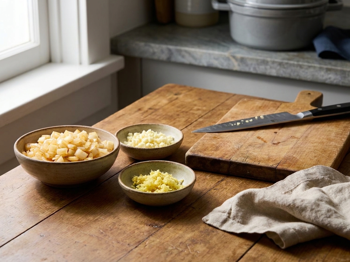 Diced onion, minced garlic, and grated ginger in small bowls on a kitchen counter next to a chef's knife and cutting board