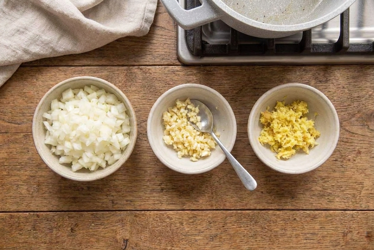 Diced onion, minced garlic, and grated ginger prepped in small bowls on a kitchen counter