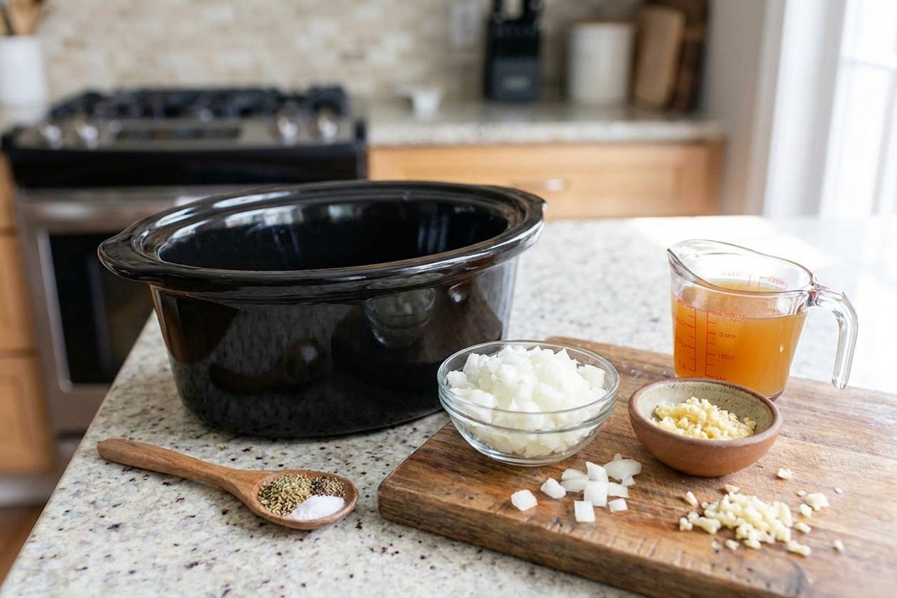Diced onion, minced garlic, chicken broth, and measured seasonings on a clean kitchen counter beside a slow cooker insert