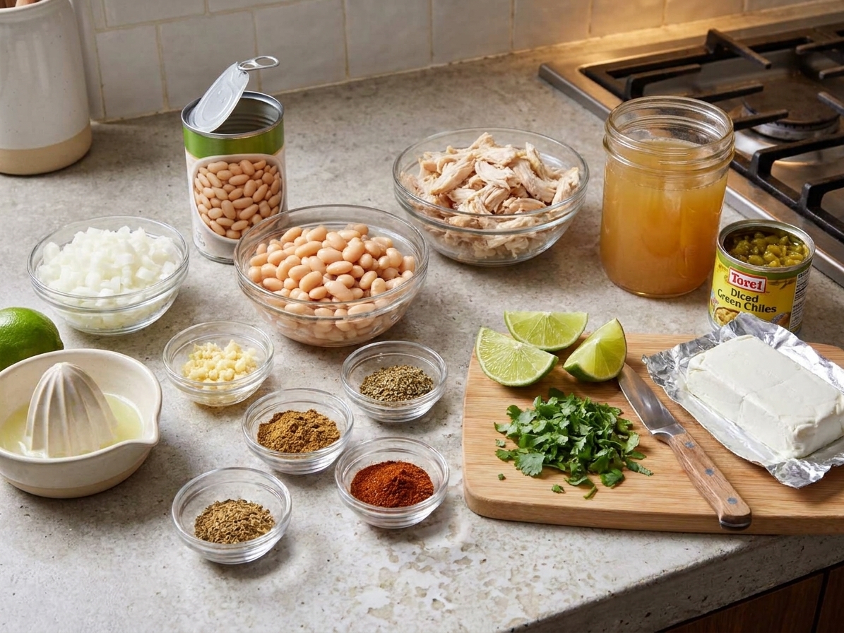 Diced onion, minced garlic, measured spices, canned white beans, chicken, broth, green chiles, lime, cilantro, and cream cheese arranged on a kitchen counter