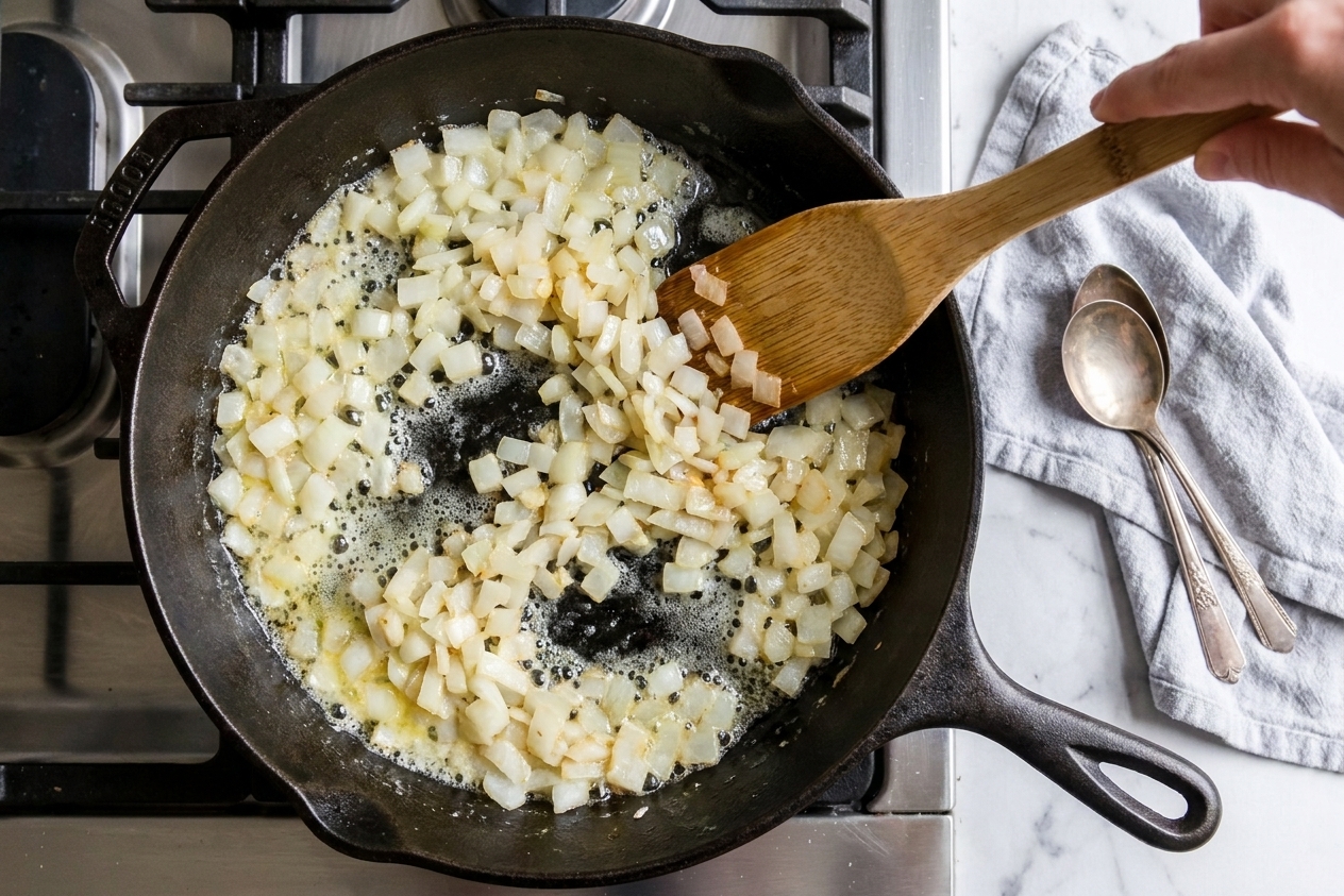 Diced onion sautéing in melted butter in a large skillet on a stovetop