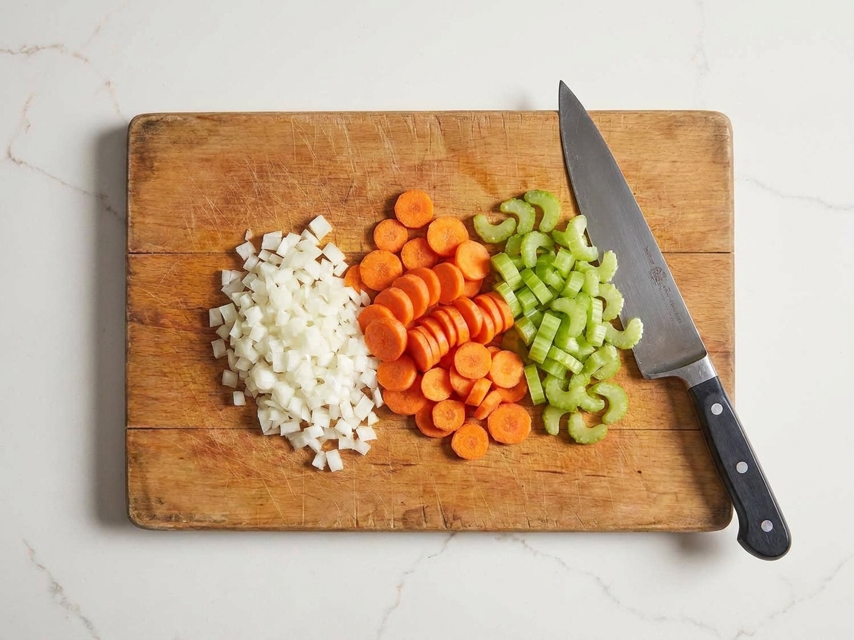 Diced onion, sliced carrots, and sliced celery on a wooden cutting board with a chef's knife