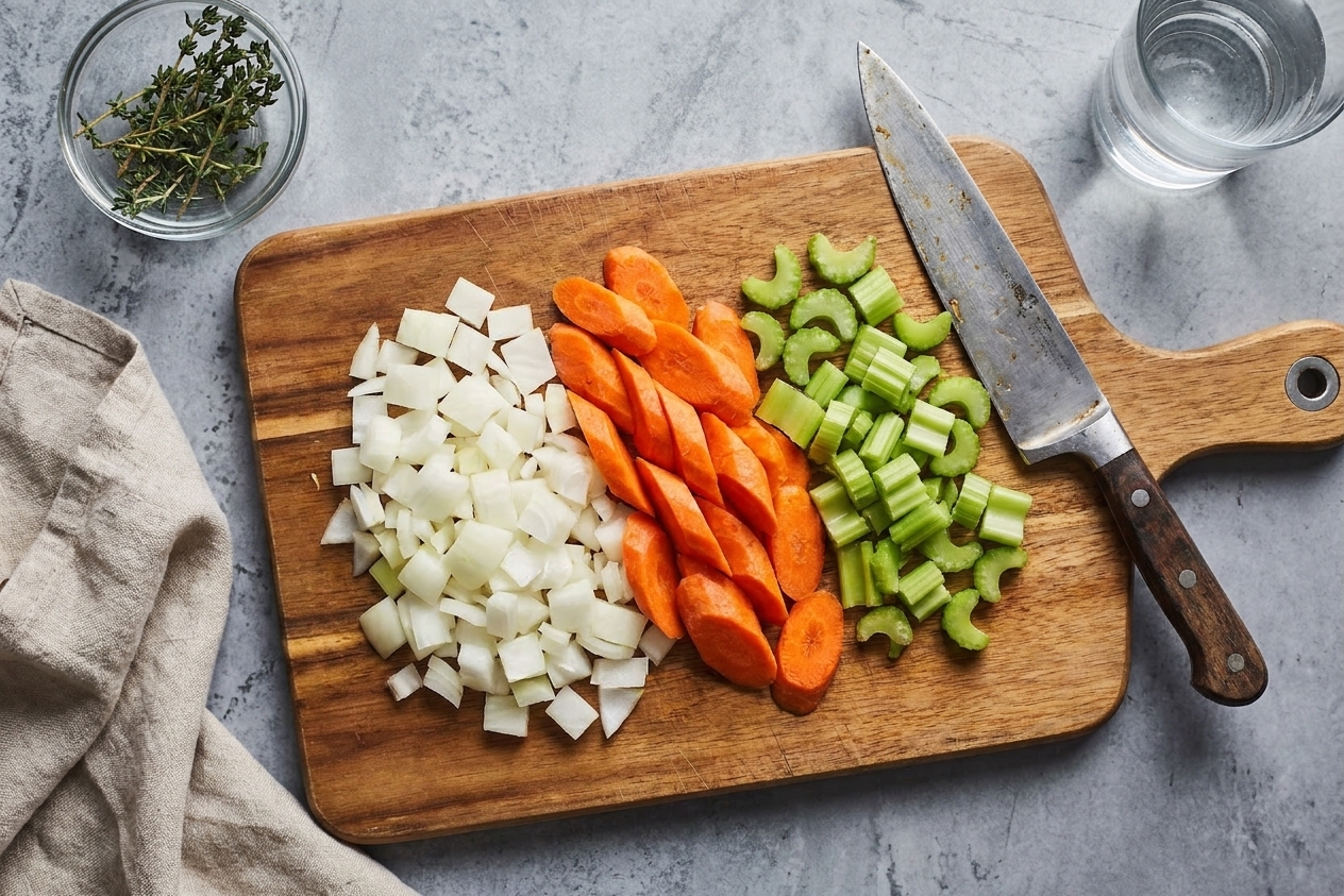Diced onion with sliced carrots and celery on a cutting board next to a chef’s knife on a bright kitchen counter
