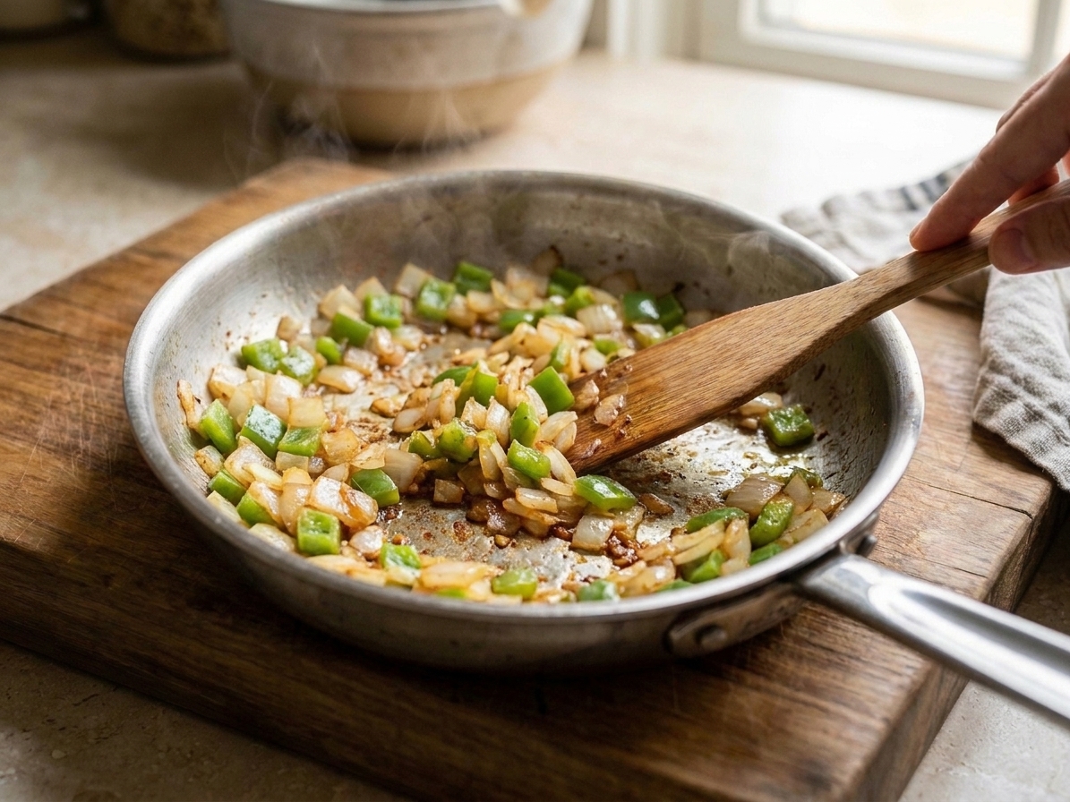 Diced onions and bell peppers sautéing in a pan with browned bits on the bottom