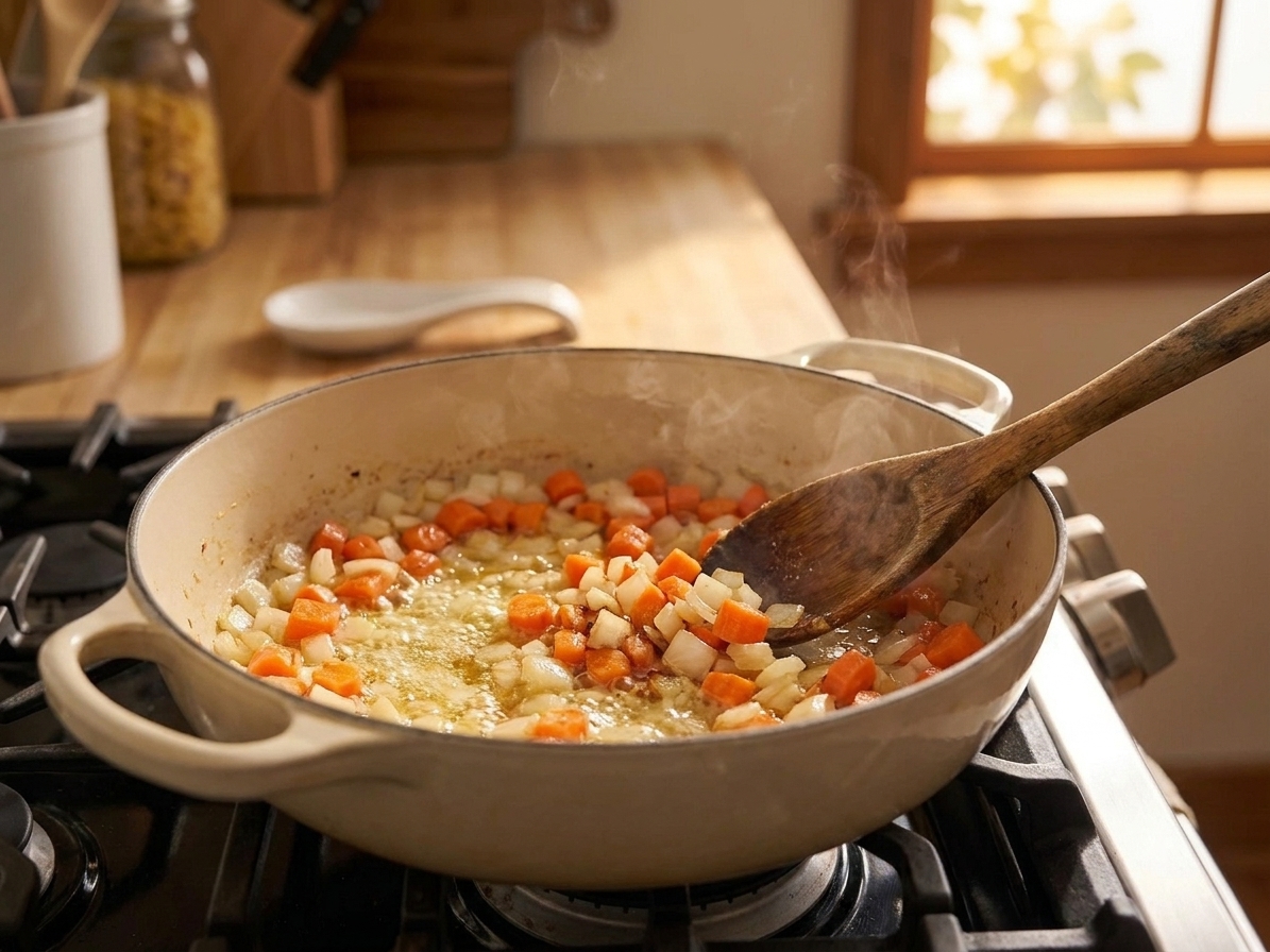 Diced onions and carrots sautéing in melted butter in a Dutch oven on a stovetop, stirred with a wooden spoon in warm kitchen light