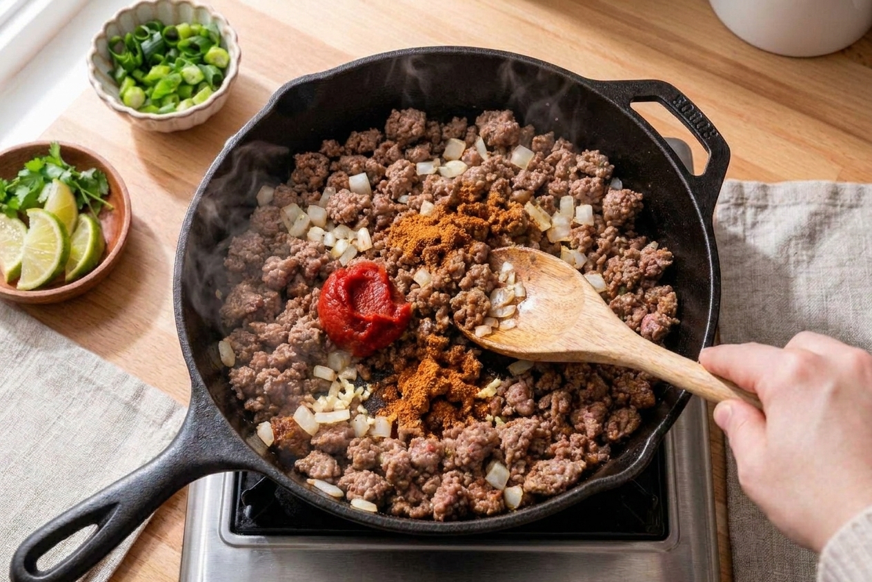 Diced onions and garlic cooking with ground beef as taco spices and tomato paste are stirred in