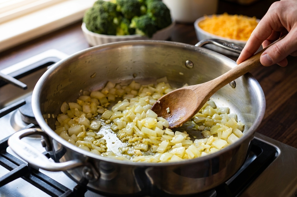 Diced onions and garlic sautéing in a large pot on a stovetop, lightly glossy and softened