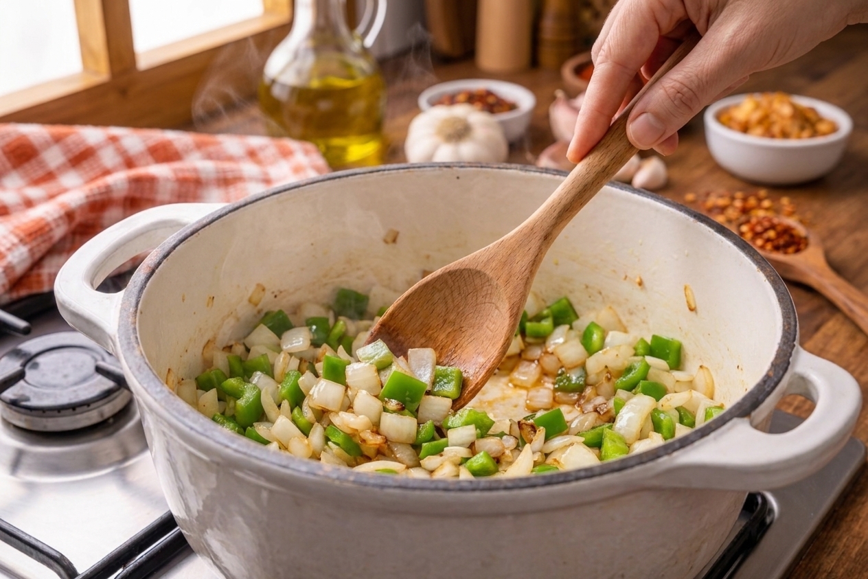Diced onions and green bell pepper cooking in a heavy pot on a stovetop, with a wooden spoon stirring, cozy kitchen lighting