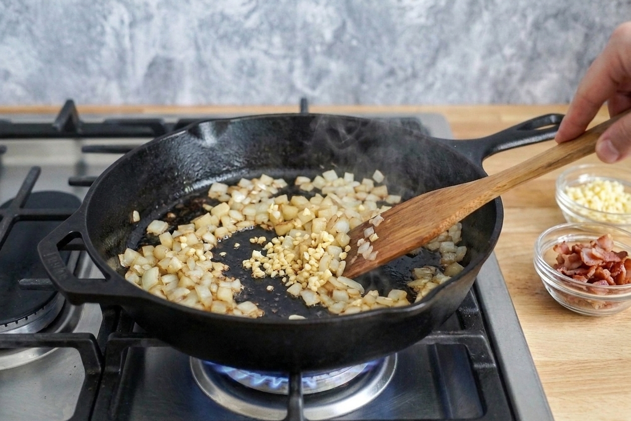Diced onions and minced garlic being sauteed in a skillet until fragrant