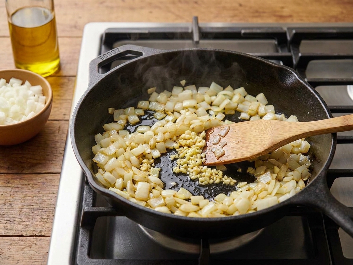 Diced onions and minced garlic cooking in a skillet with a little oil on a stovetop