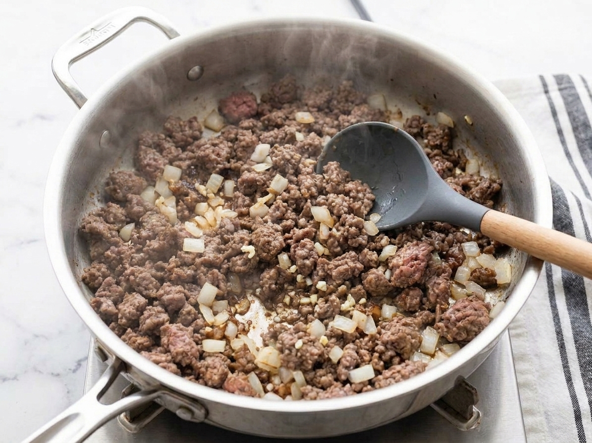 Diced onions and minced garlic cooking with browned ground beef in a skillet on a stovetop