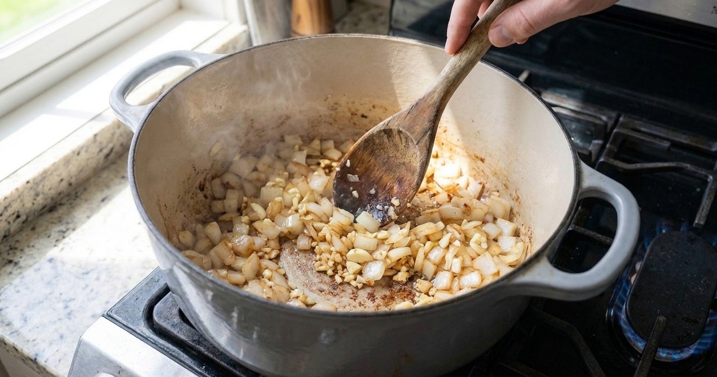 Diced onions and minced garlic sautéing in a Dutch oven with a wooden spoon stirring