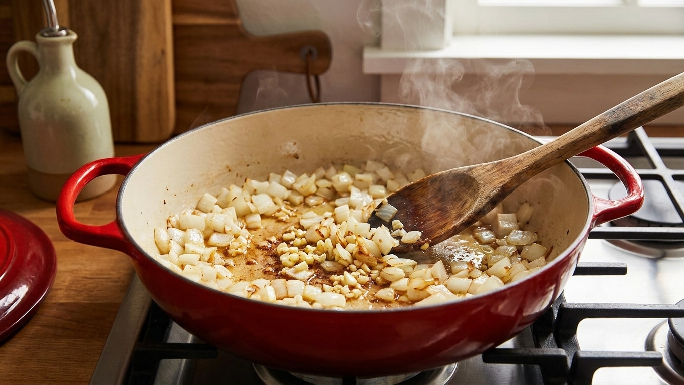 Diced onions and minced garlic sautéing in a Dutch oven on a stovetop with a wooden spoon