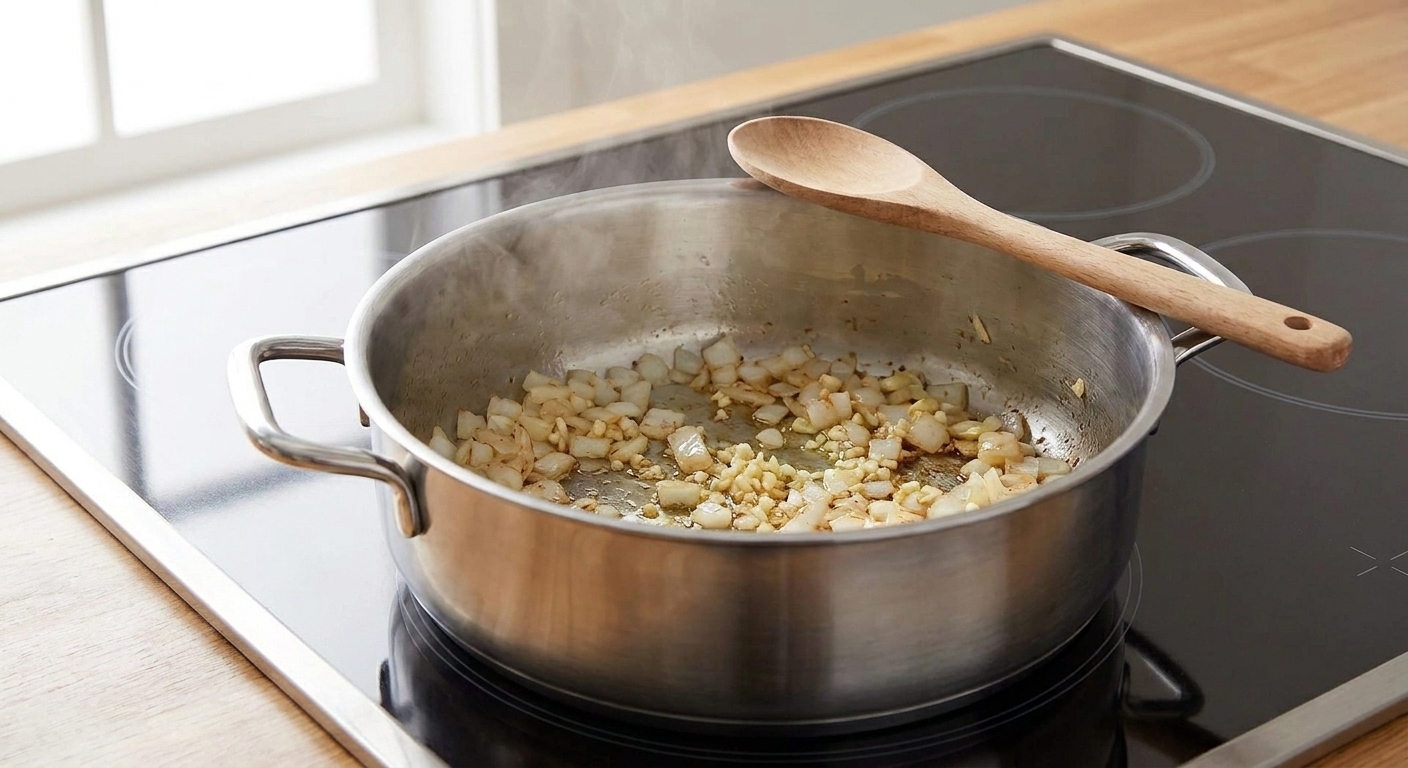 Diced onions and minced garlic sautéing in a large pot on a stovetop with a wooden spoon resting on the rim
