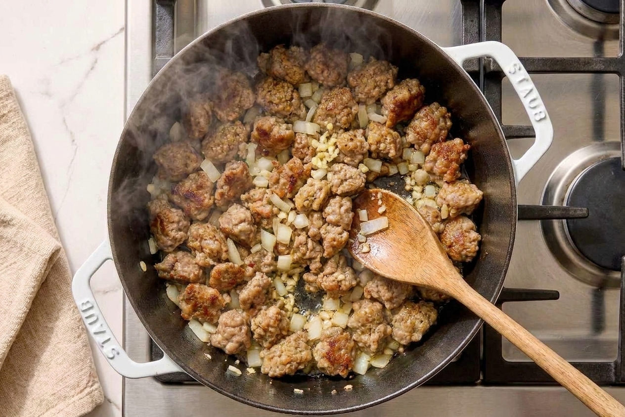 Diced onions and minced garlic sautéing in a pot with browned sausage, steam rising on a stovetop
