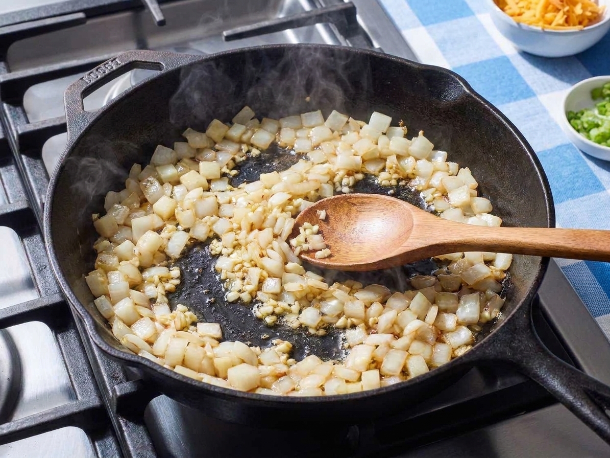 Diced onions and minced garlic sautéing in a skillet until glossy and fragrant
