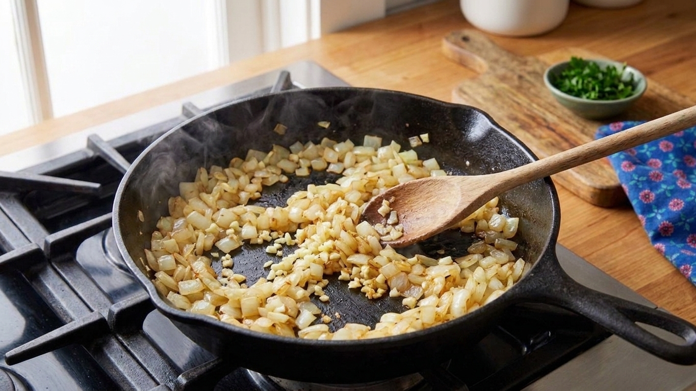 Diced onions and minced garlic sautéing in a skillet on a stovetop with a wooden spoon