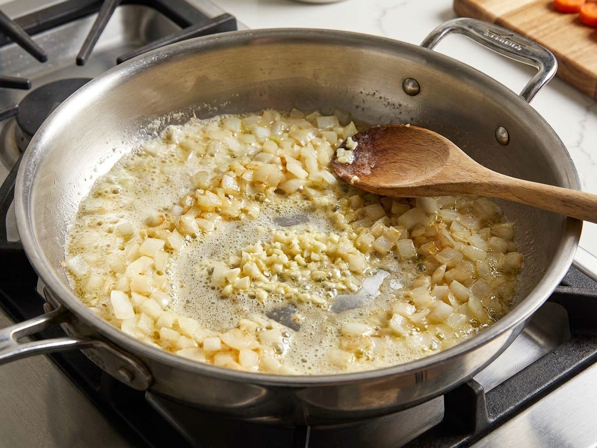 Diced onions and minced garlic sautéing in melted butter in a large skillet on a stovetop