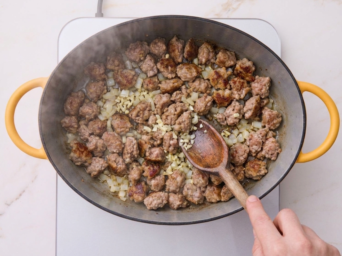 Diced onions and minced garlic sautéing with browned sausage in a Dutch oven on the stove