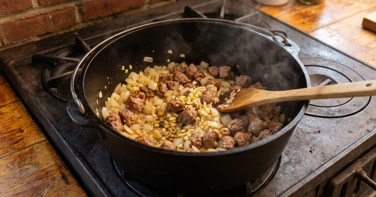 Diced onions and minced garlic sautéing with browned sausage in a large pot on the stove