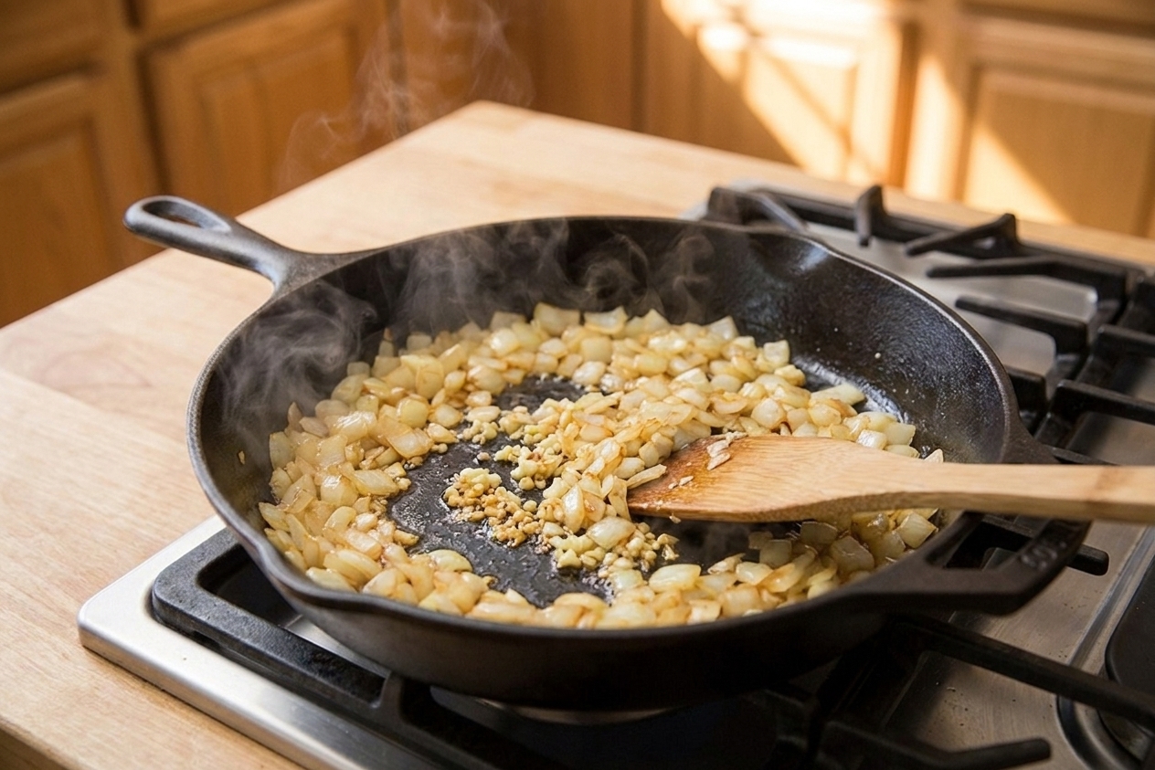 Diced onions and minced garlic sizzling in a skillet on a stovetop, photographed mid-cook with warm kitchen lighting