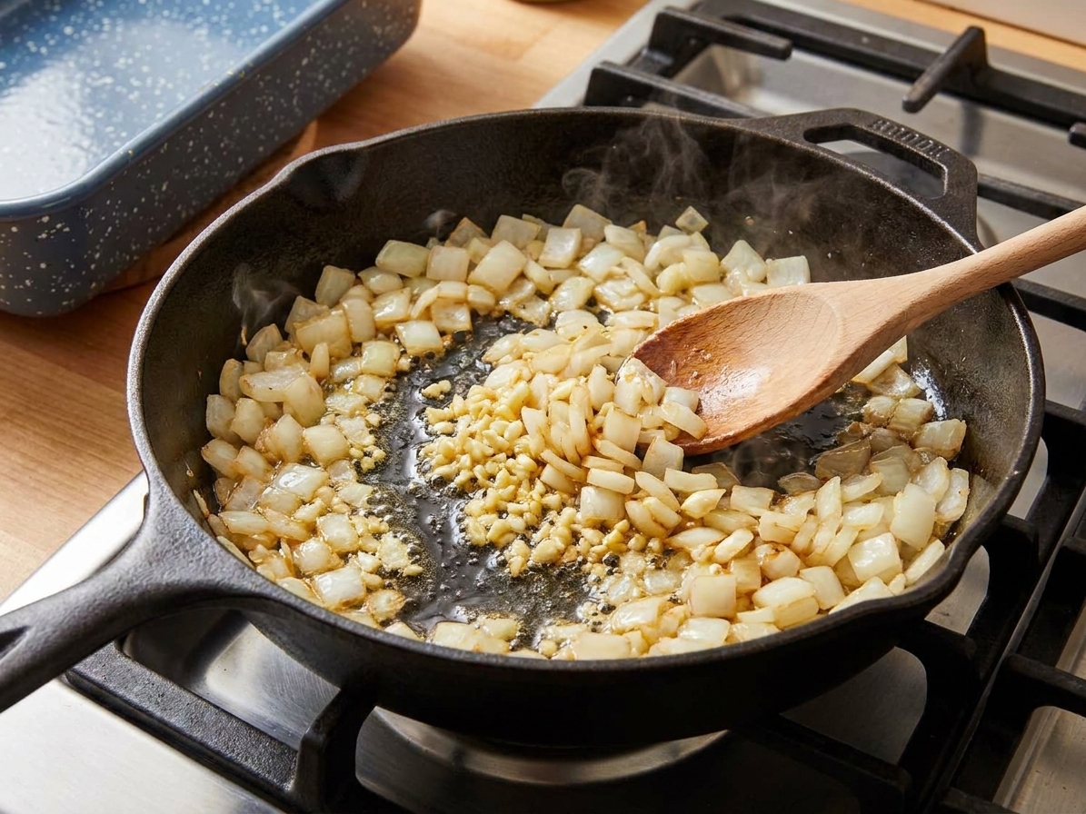 Diced onions and minced garlic sizzling in a skillet on a stove
