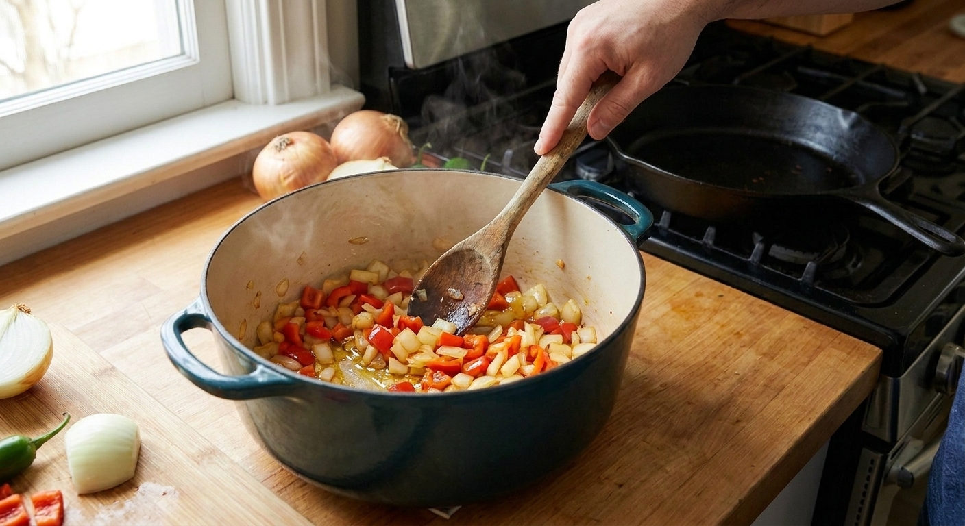 Diced onions and red bell pepper sautéing in a Dutch oven on a stovetop with a wooden spoon stirring