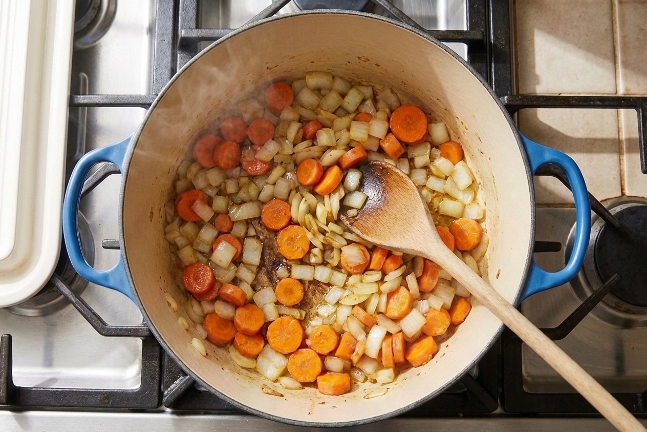 Diced onions and sliced carrots sautéing in a Dutch oven with a wooden spoon stirring