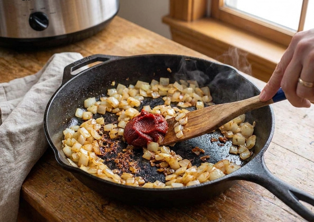 Diced onions and tomato paste being stirred in a skillet with browned bits on the bottom