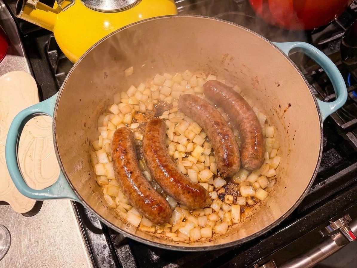 Diced onions sautéing in a Dutch oven with browned sausage, steam rising as they soften