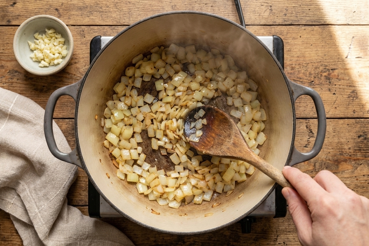 Diced onions sautéing in a heavy-bottomed pot on a home stovetop with a wooden spoon stirring