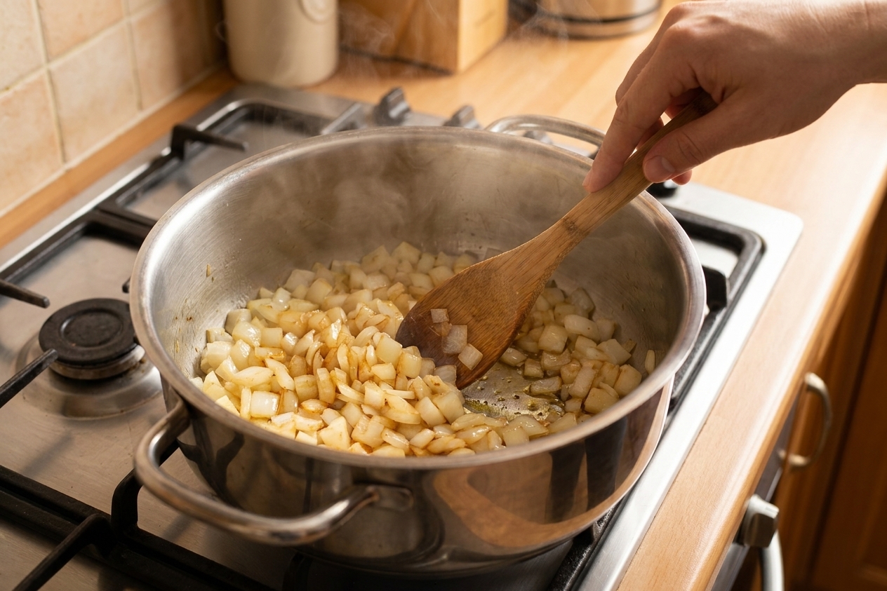 Diced onions sautéing in a large pot on a stovetop with a wooden spoon stirring, warm kitchen lighting