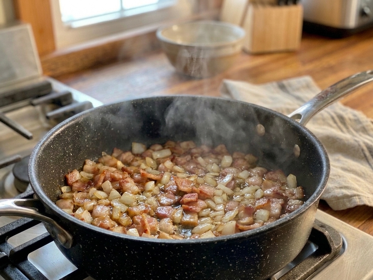 Diced onions sautéing with browned bacon in a pot, steam rising in a cozy kitchen setting