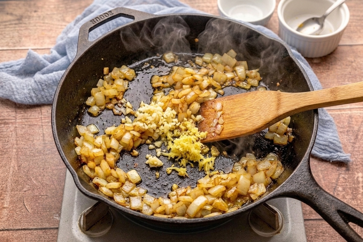 Diced onions sautéing with minced garlic and grated ginger in a skillet, steam rising