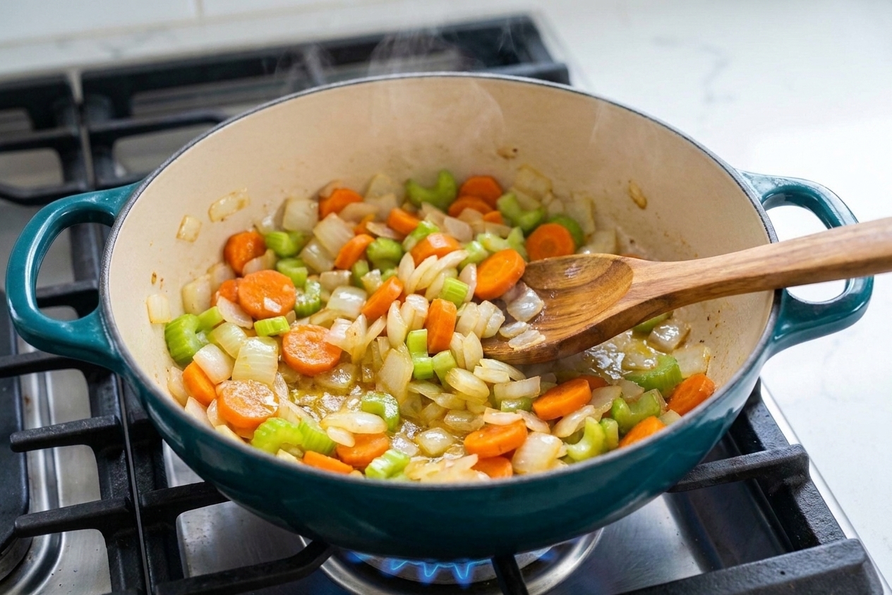 Diced onions, sliced carrots, and celery sautéing in a soup pot, glossy and starting to soften